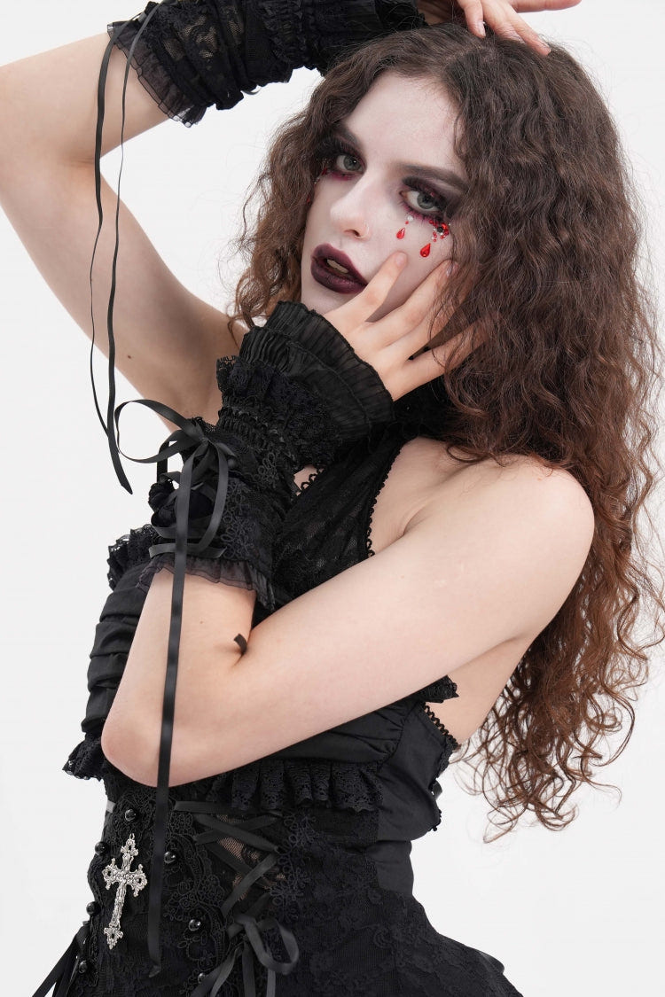 Black Bow Lace Lace-Up Mesh Eyelet Women's Gothic Gorgeous Palace Arm Sleeves - Product - 5