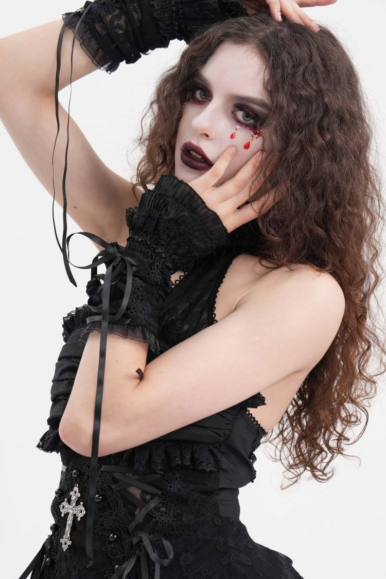 Black Bow Lace Lace-Up Mesh Eyelet Women's Gothic Gorgeous Palace Arm Sleeves - Product - 5