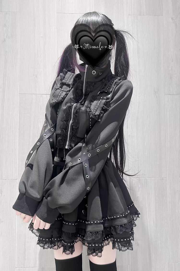 Black [False Judgment] Ruffled Lace Zippered Gothic Jirai Kei Japanese Handsome Skirt Set - Product - 2