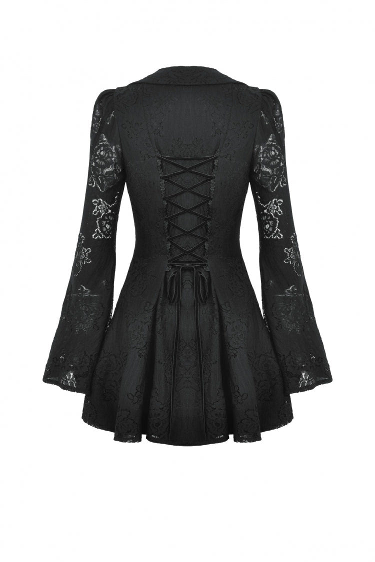 Black Long Trumpet Sleeves Embroidered Lace Lace-Up Women's Gothic Honeymoon Dress - Product - 12