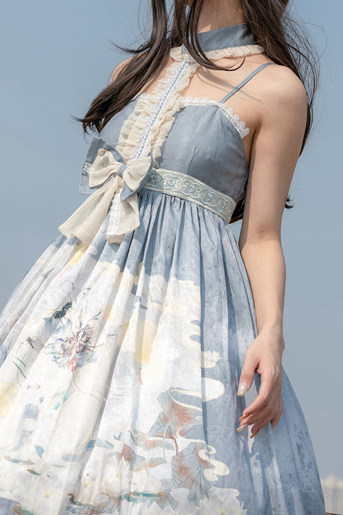 Blue Chinese Mythology Print High Waist Lace Trim Sweet Lolita JSK Dress - Product - 7