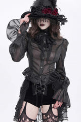 Black Stand Collar Ruffle Sheer Women's Swallow-tailed Gothic Blouse - Product - 2