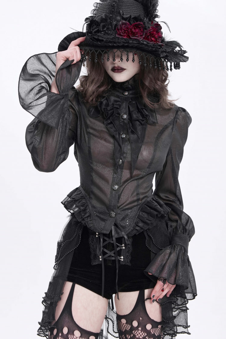 Black Stand Collar Ruffle Sheer Women's Swallow-tailed Gothic Blouse - Product - 2