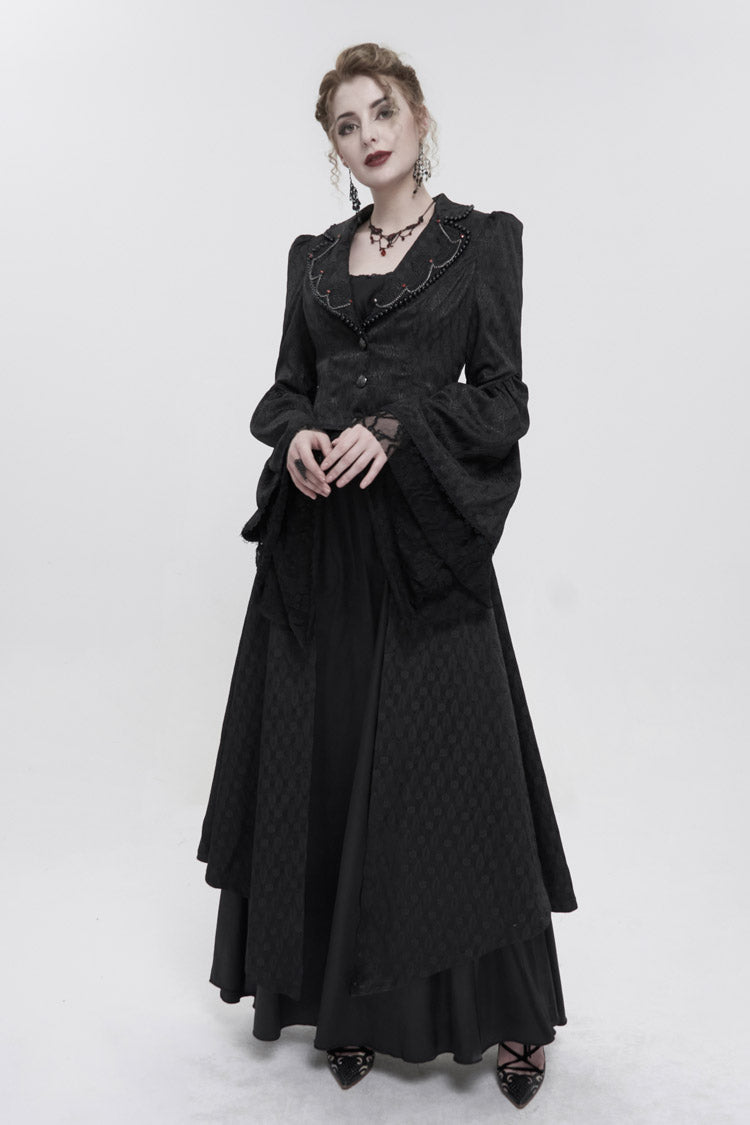 Black Jacquard Short Front Long Back Lapel Bead And Chain Trim Large Cuffs With Lace Trim Back Strap Thin Long Women's Gothic Coat - Product - 3