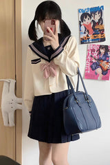 Dark Blue/Ivory Sailor Collar Long Sleeves Sweet Japanese School Skirt Set - Product - 2