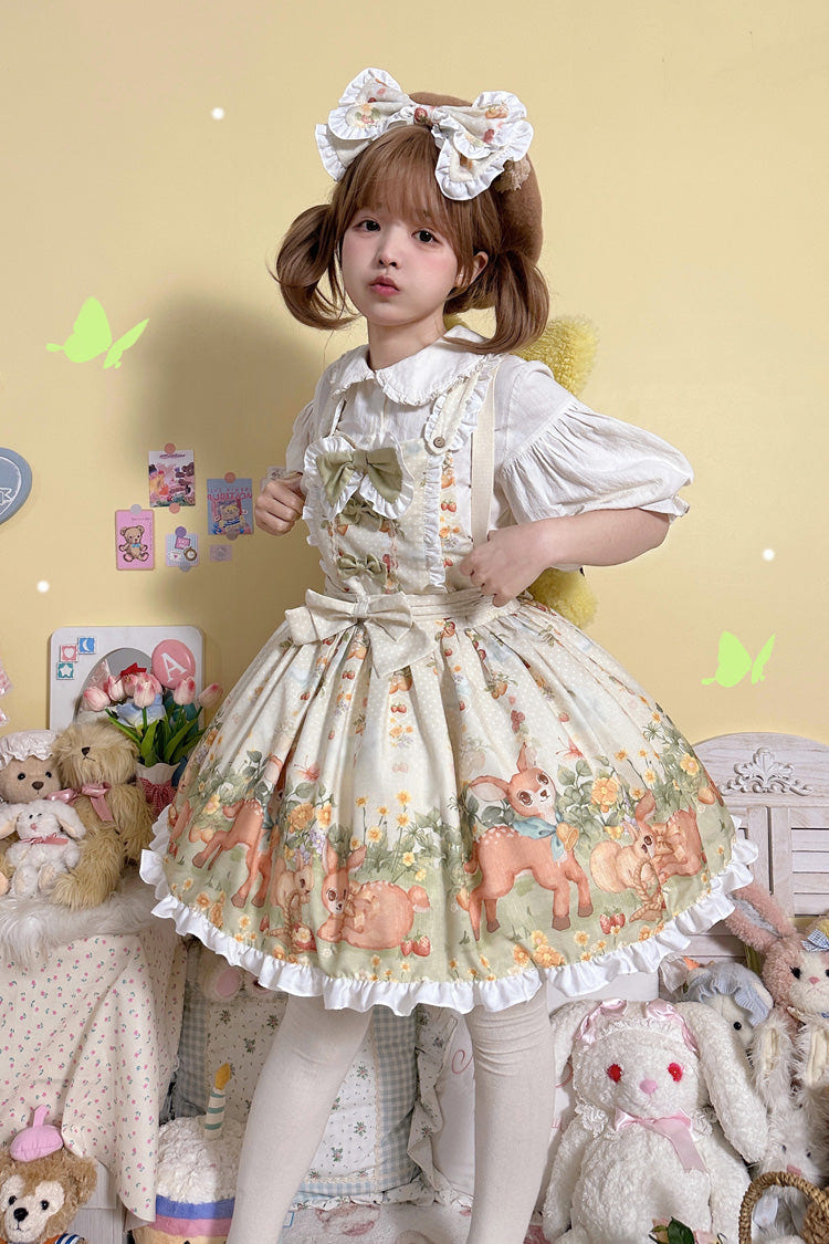 Multi-Color [Little Deer Gathering] Sleeveless Print Ruffle Bowknot Daily Sweet Lolita Strap Dress - Product - 2