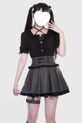 Grey/Black Leather Buckle Leg Ring Double-Layered Ruffle Sweet Jirai Kei Japanese Skirt - Grey/Black - 1