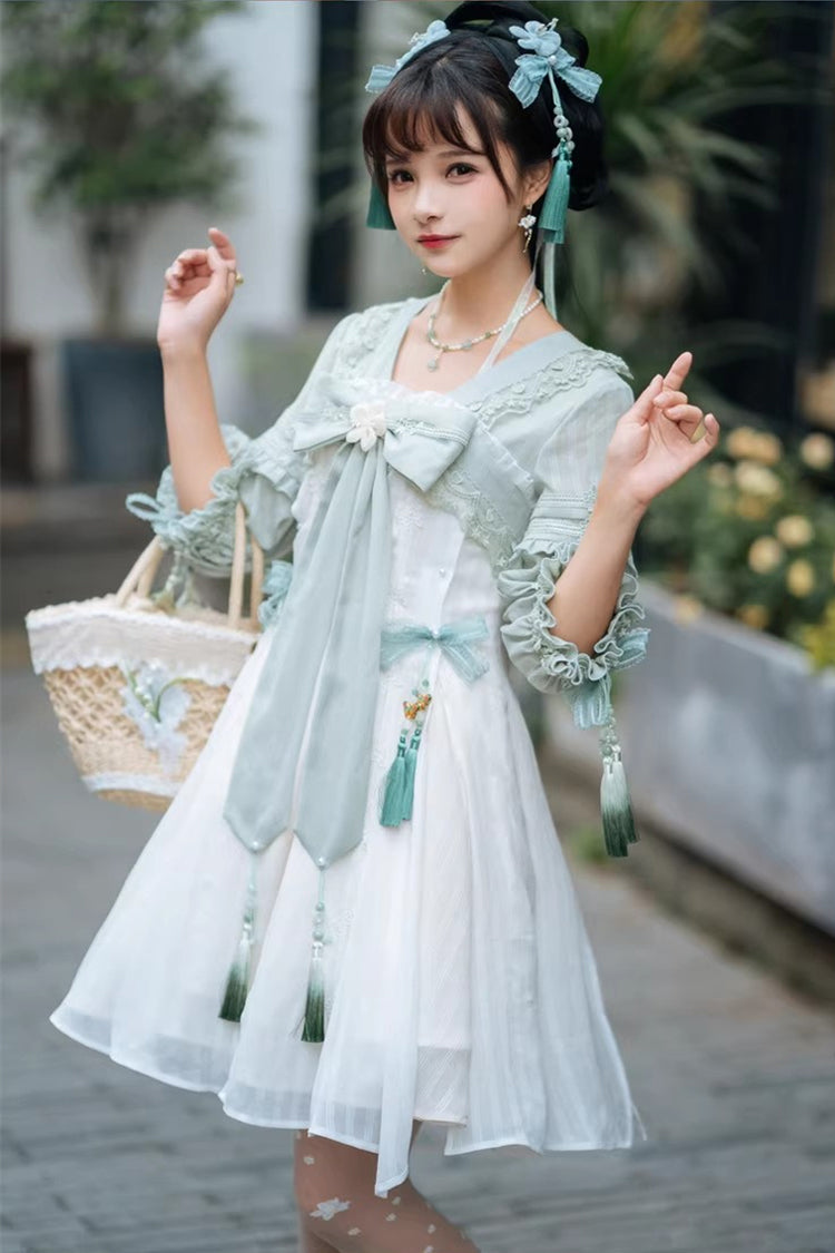 White/Green Half Sleeves Ruffled Bow Sweet Chinese Style Lolita Hanfu Dress - White/Green - 1