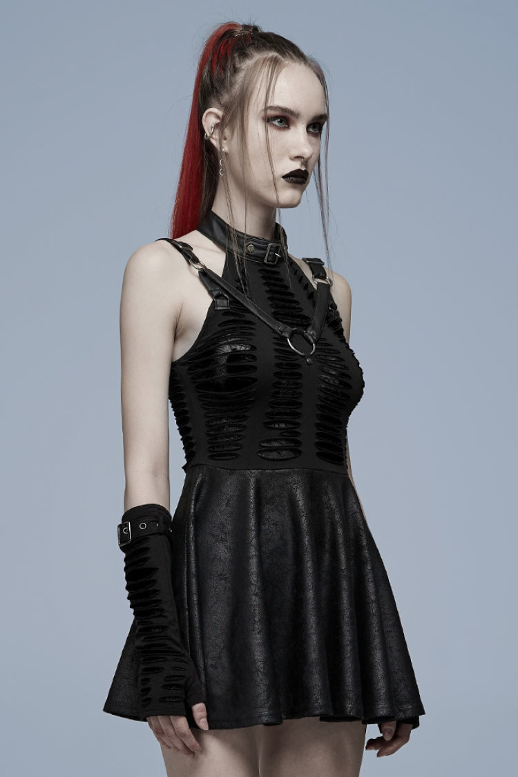Sleeveless Stitching Spider Web Ripped Women's Gothic Dress 3 Colors - Product - 2