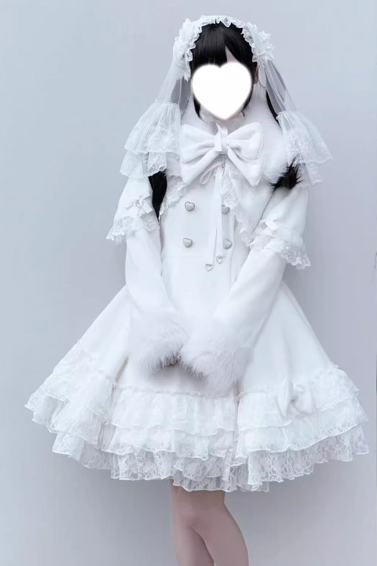 Magician Long Sleeves Removable Cape Bowknot Lace Gothic Jirai Kei Coat - White - 6