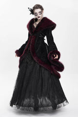 Red Long Sleeves Floral Embroidery Women's Gothic Fluffy Coat - Product - 7