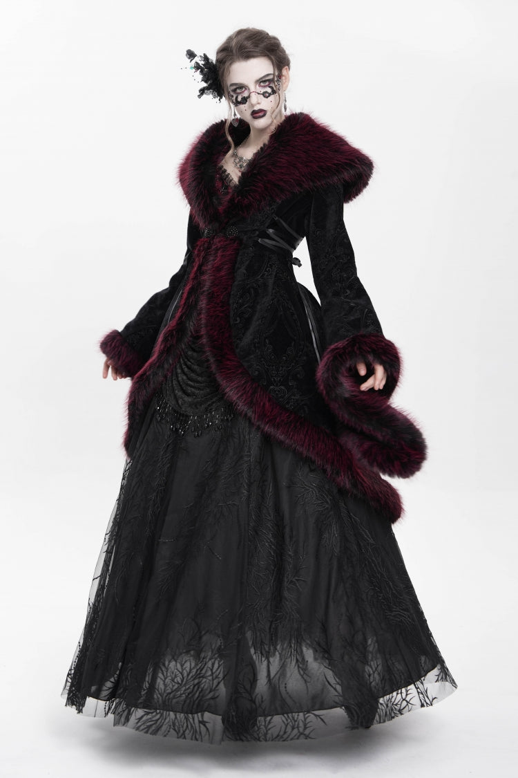 Red Long Sleeves Floral Embroidery Women's Gothic Fluffy Coat - Product - 7