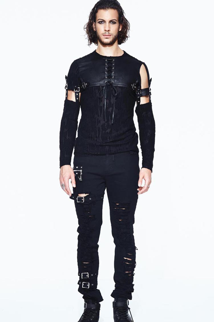 Black Leather Loop Sleeve Irregular Jacquard Knitted Chest Lace Up Removable Men's Punk Shirt - Product - 4