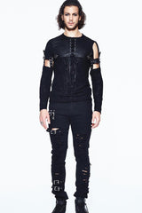 Black Leather Loop Sleeve Irregular Jacquard Knitted Chest Lace Up Removable Men's Punk Shirt - Product - 4
