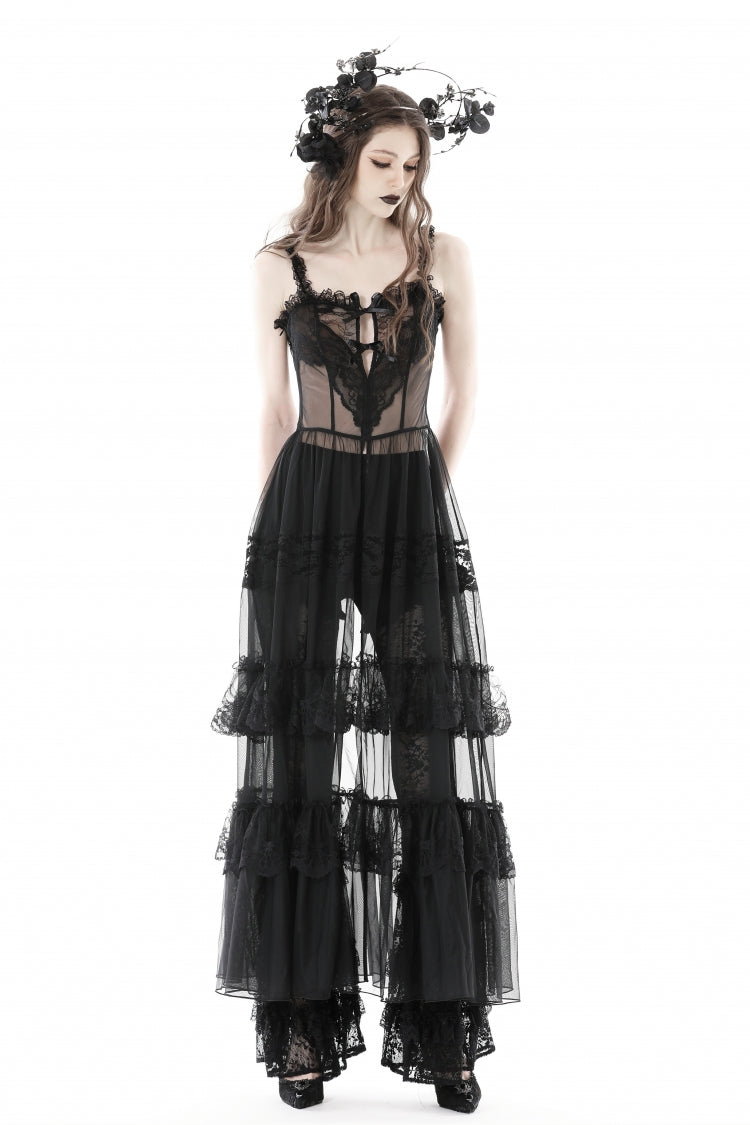 Black Sleeveless Hearted Multi-Layered Lace Split Sheer Mesh Women's Gothic Maxi Slip Dress - Product - 6