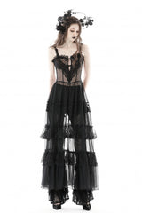 Black Sleeveless Hearted Multi-Layered Lace Split Sheer Mesh Women's Gothic Maxi Slip Dress - Product - 6