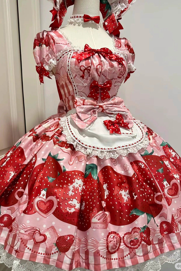 [Dream to Strawberry] Print Short Sleeves Ruffle Bowknot Lace Sweet Lolita OP Dress 4 Colors - Product - 8