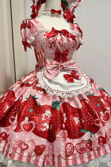 [Dream to Strawberry] Print Short Sleeves Ruffle Bowknot Lace Sweet Lolita OP Dress 4 Colors - Product - 8