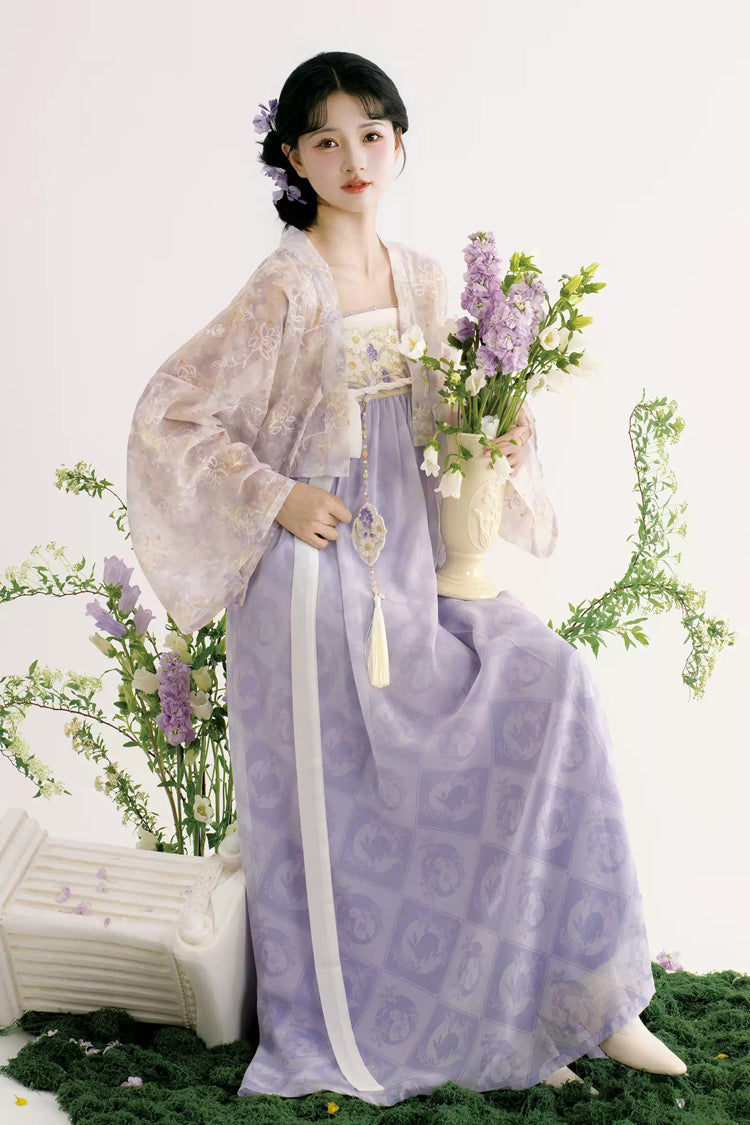Purple/Apricot [Rain Dream] Long Sleeves High Waisted Printed Embroidered Women's Sweet Hanfu Dress Set - Product - 4