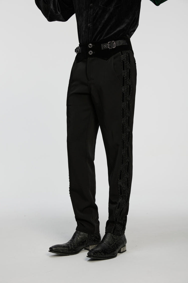Black Embroidered Lace Buckled Men's Gothic Pants - Product - 7