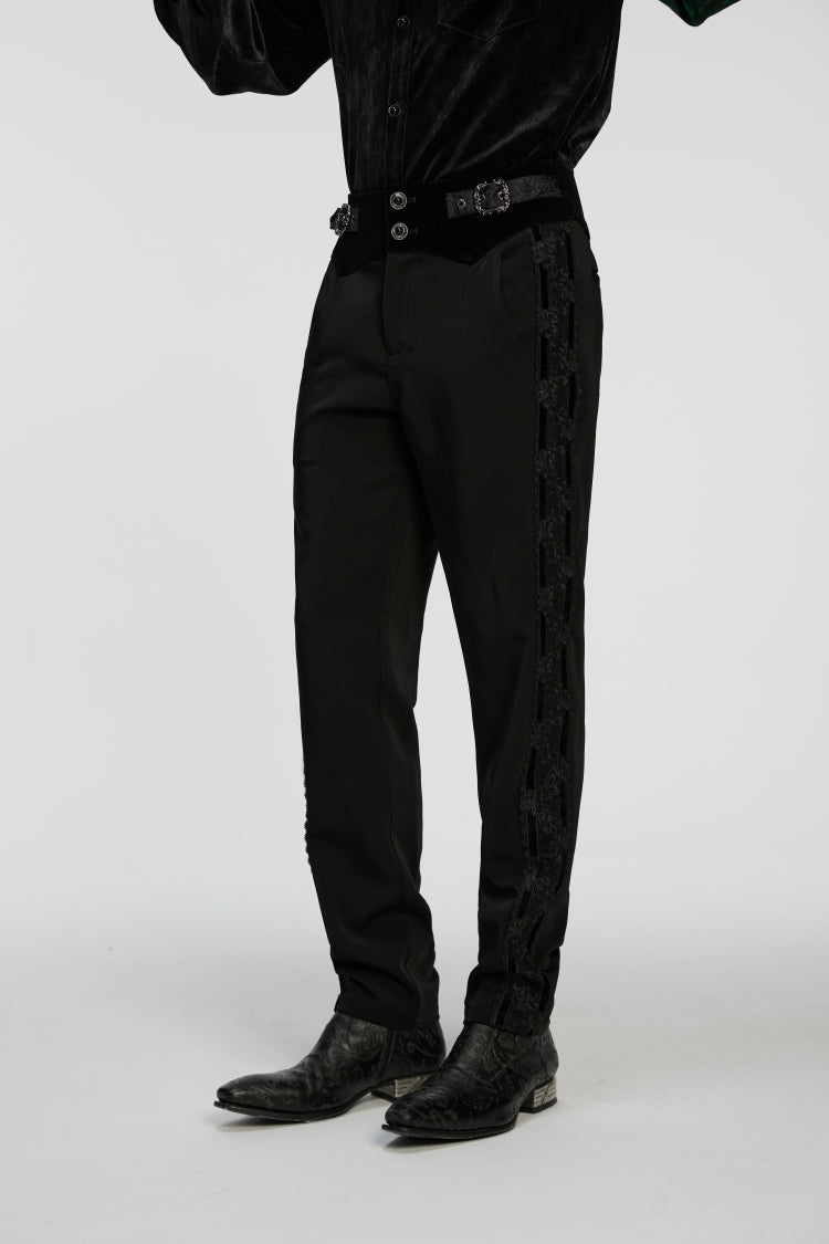 Black Embroidered Lace Buckled Men's Gothic Pants - Product - 7