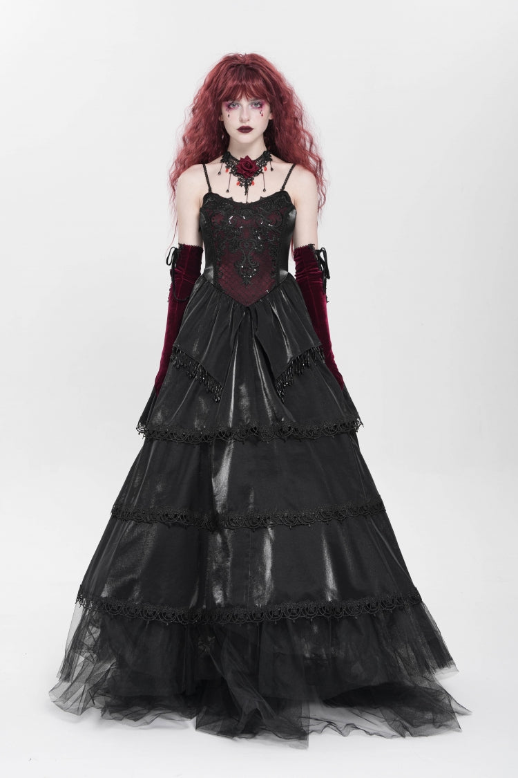 Black Sleeveless Multi-Layered Embroidery Pearl Women's Gothic Slip Dress - Product - 7