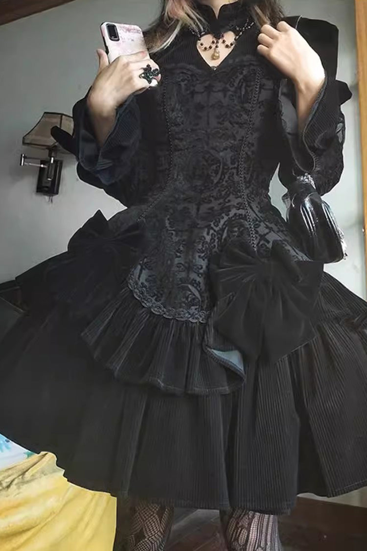 Black Long Sleeves Jacquard Print Ruffle Classic Gothic Lolita Dress - Product - 5