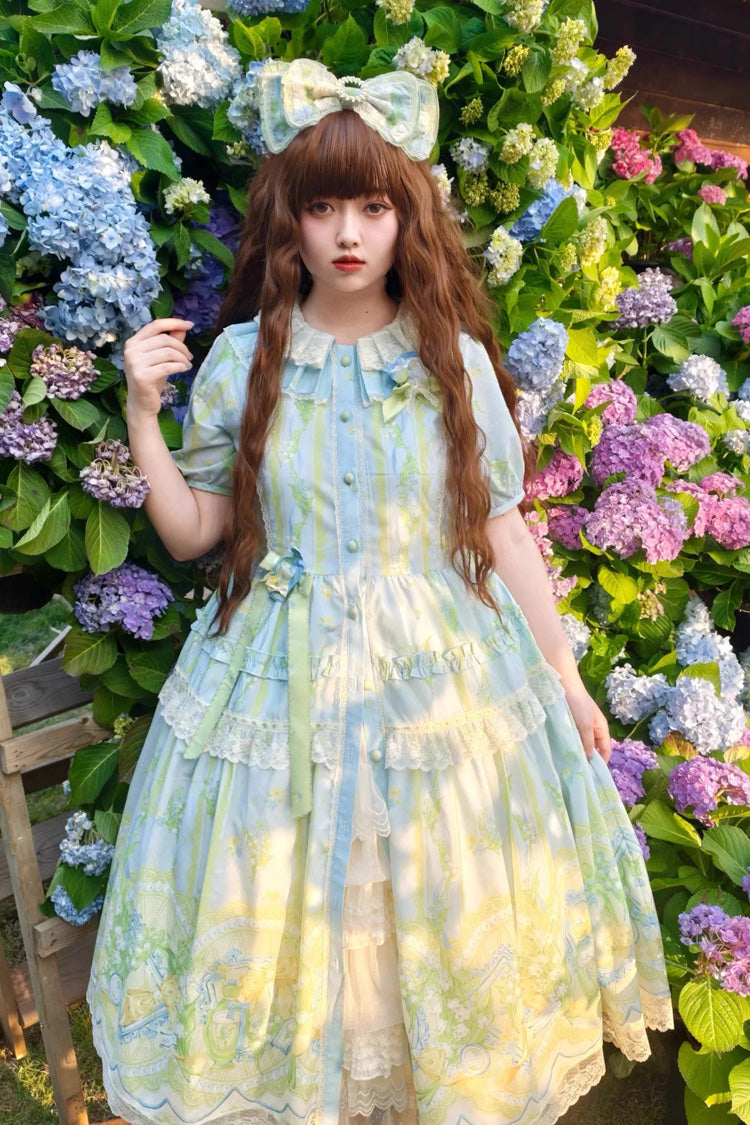 Blue/Green [Lily of the Valley Perfume] Pearl Candy Tea Doll Collar Short Sleeves Printed Lace Plus Size Sweet Lolita OP Dress - Product - 6