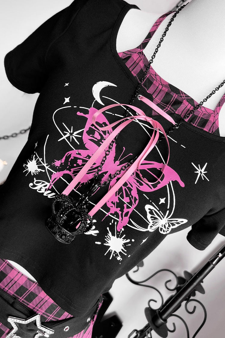 Black/Pink [Butterfly Chapter] Short Sleeves Print Gothic Jirai Kei Skirt Set - Product - 5