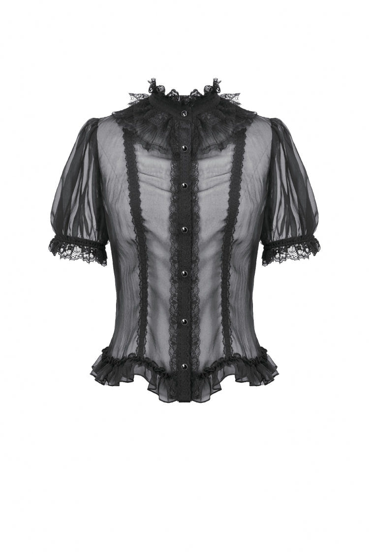 Black Multi-Layered Ruffled Lace Short Puff Sleeves Sheer Women's Courtly Gothic Blouse - Product - 3