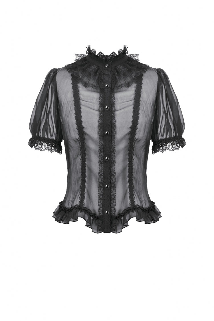 Black Multi-Layered Ruffled Lace Short Puff Sleeves Sheer Women's Courtly Gothic Blouse - Product - 3