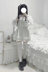 Grey [Heartbeat Rhythm] Long Sleeves Ruffle Lace Hooded Jirai Kei Japanese Skirt Set - Product - 9