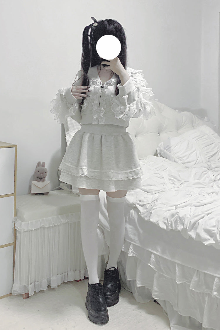 Grey [Heartbeat Rhythm] Long Sleeves Ruffle Lace Hooded Jirai Kei Japanese Skirt Set - Product - 9