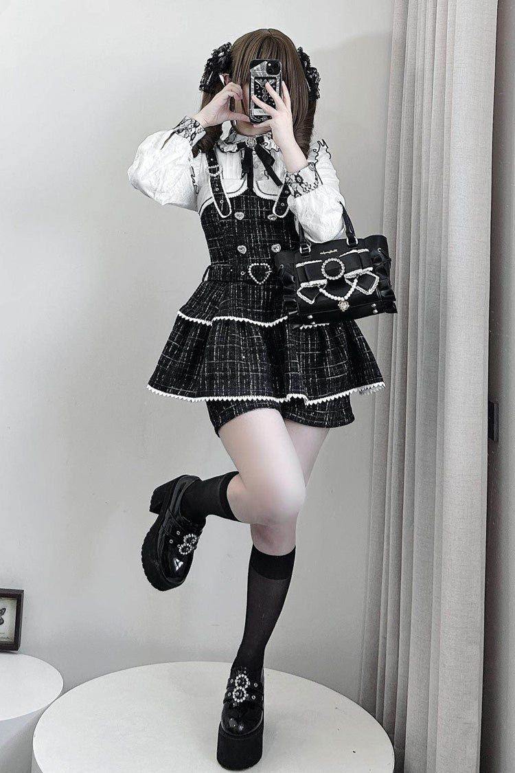 Black Plaid Printed Pearl-Decorated Sweet Jirai Kei Japanese Strap Dress Set - Product - 4