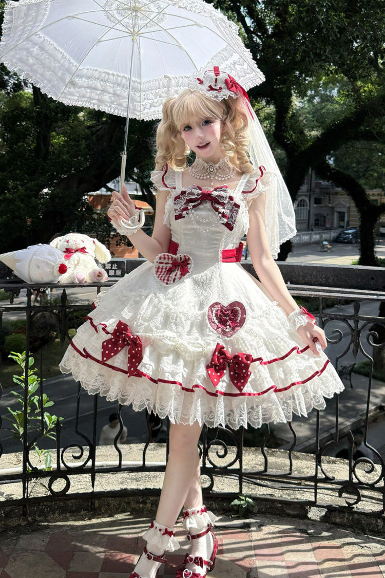 White [Polka-Dot Love Letter] Sleeveless Double-Layered Bowknot Lace Pearl Sweet Lolita Jsk Dress - Product - 9
