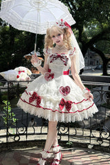 White [Polka-Dot Love Letter] Sleeveless Double-Layered Bowknot Lace Pearl Sweet Lolita Jsk Dress - Product - 9