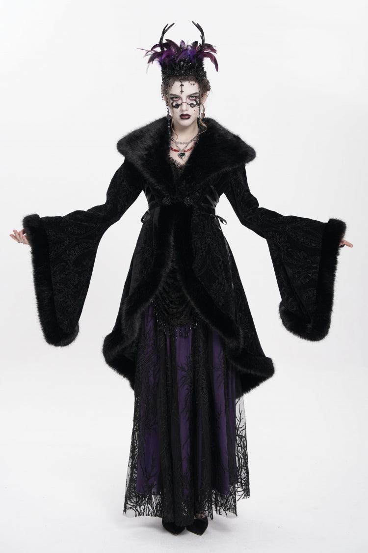 Black Long Sleeves Floral Embroidery Women's Gothic Fluffy Coat - Product - 2