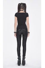 Black Short Sleeves Hollow Ripped Women's Steampunk T-Shirt - Product - 6