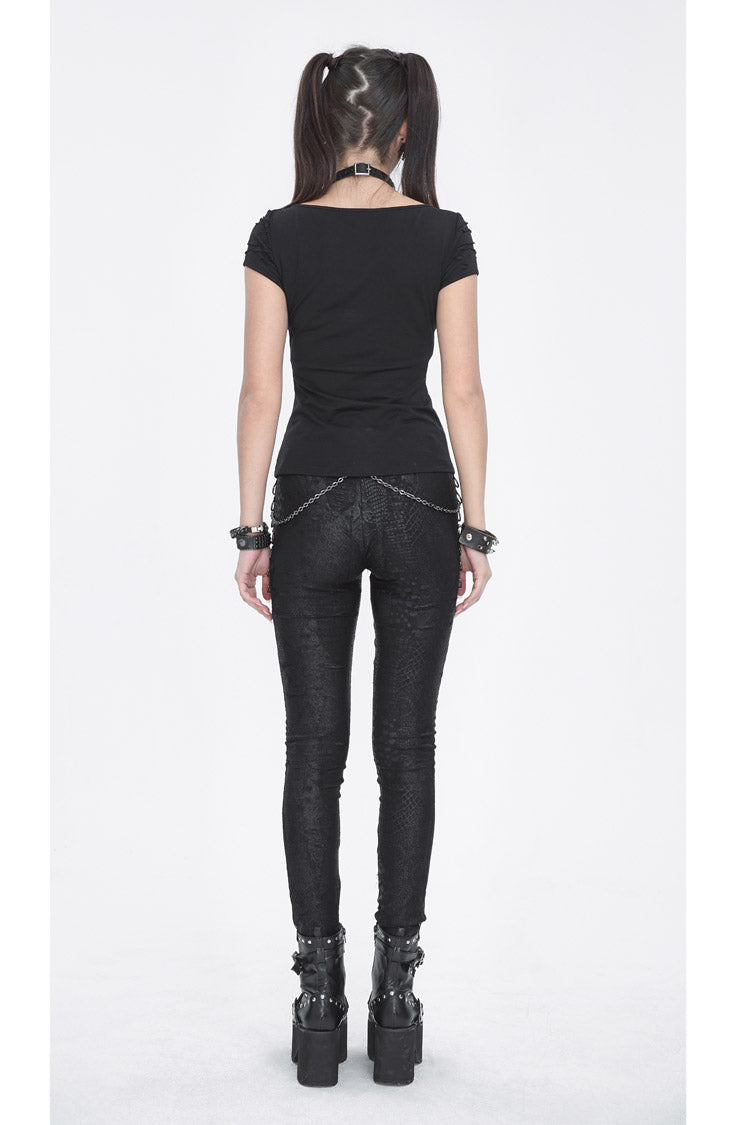 Black Short Sleeves Hollow Ripped Women's Steampunk T-Shirt - Product - 6