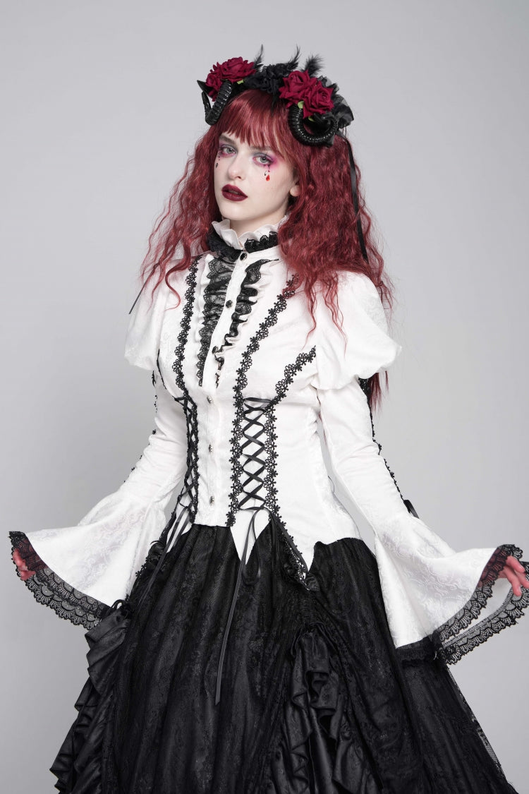 White Stand Collar Long Puff Sleeves Floral Jacquard Lace-Up Women's Gothic Blouse - Product - 3
