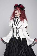 White Stand Collar Long Puff Sleeves Floral Jacquard Lace-Up Women's Gothic Blouse - Product - 3