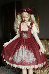 Red Bunny Tea Party Print Ruffle Bowknot Sweet Lolita Jsk Dress - Red - 1