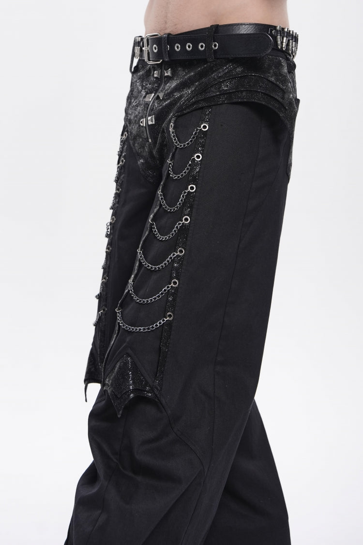 Black Spliced Studded Zippered Chain-Decorated Men's Punk Cool Pants - Product - 13