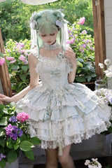 Green [Prelude of Spring Cherry] Square Collar Sleeveless Multi-Layered Jacquard Ruffled Bow Lace Pearl-Decorated Sweet Lolita Jsk Dress - Product - 8