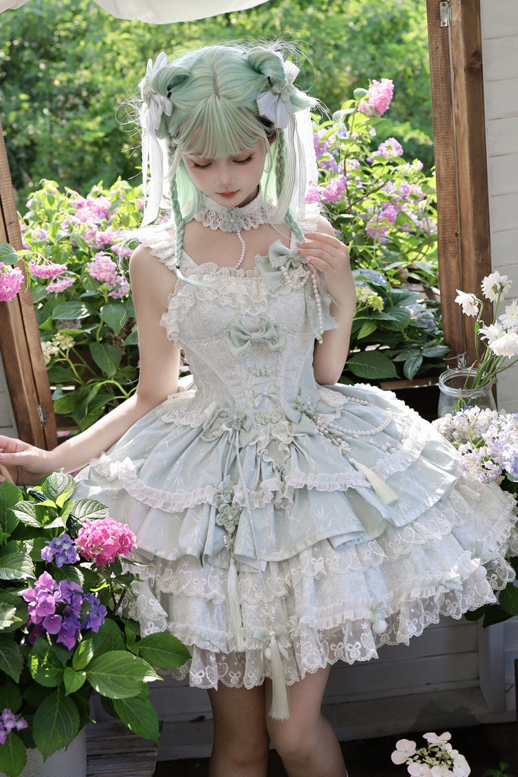 Green [Prelude of Spring Cherry] Square Collar Sleeveless Multi-Layered Jacquard Ruffled Bow Lace Pearl-Decorated Sweet Lolita Jsk Dress - Product - 8