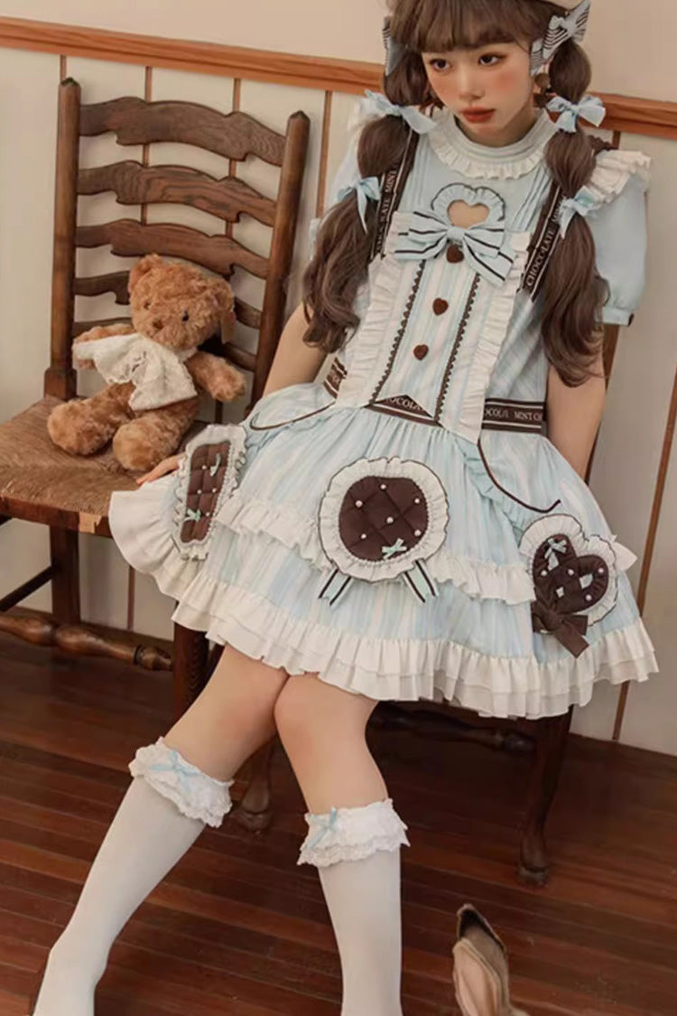 Light Blue Sea Salt Cookies Short Sleeves Print Ruffle Bowknot Sweet Lolita Dress - Product - 8