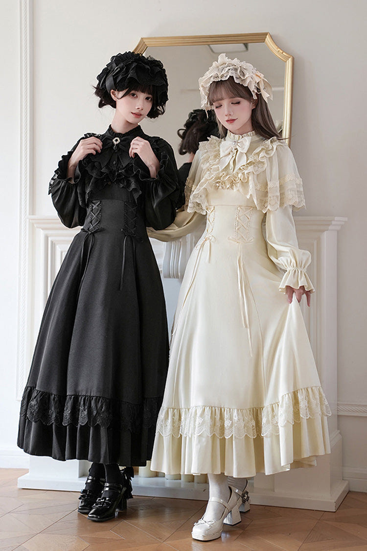 [Letters & Poems · Day and Night] スタンドカラー 長袖 フリル リボン レースアップ ゴシックロリータ ワンピース 2色 商品画像