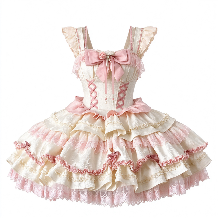 Light Blue and Pink Ruffled Sweet Lolita Dress with Floral Bow Accent - view 6