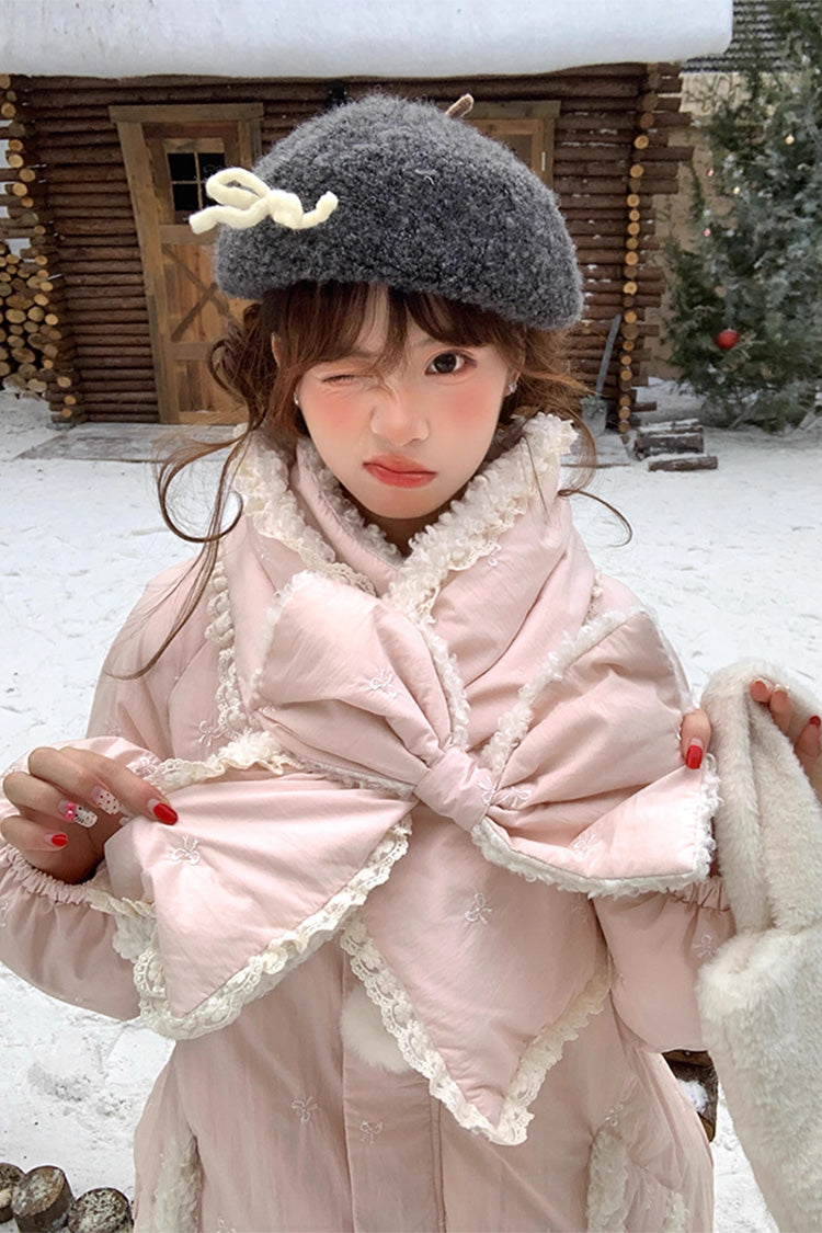 Pink Duck Down Stand Collar Long Sleeves Bowknot Sweet Lolita Coat - Product - 4