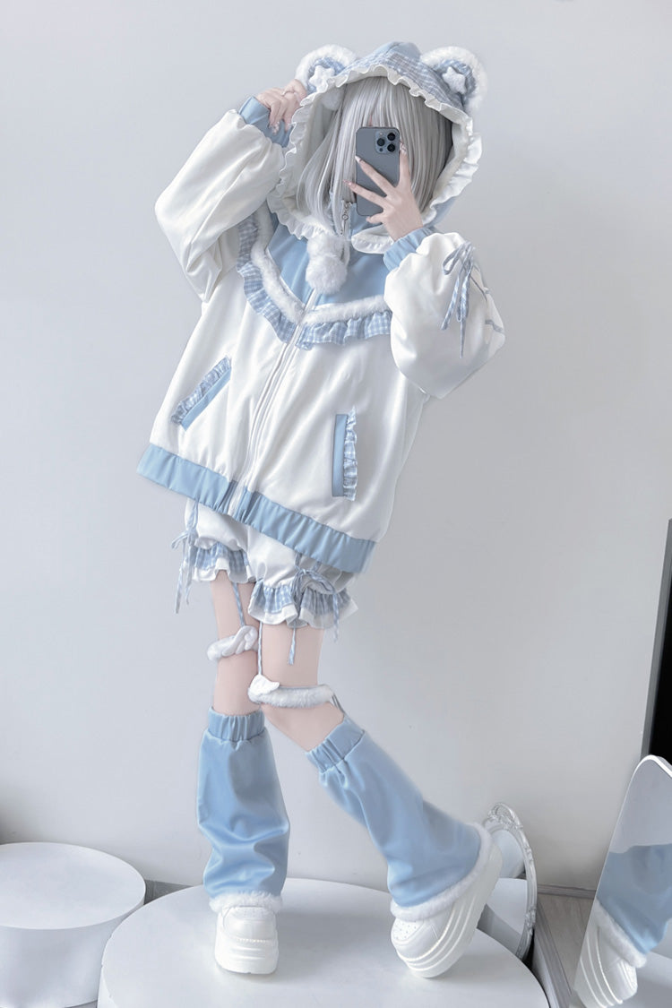 White/Blue [Sweet Star Bear] Long Sleeves Ruffle Hooded Japanese Jirai Kei Sports Coat - Product - 6
